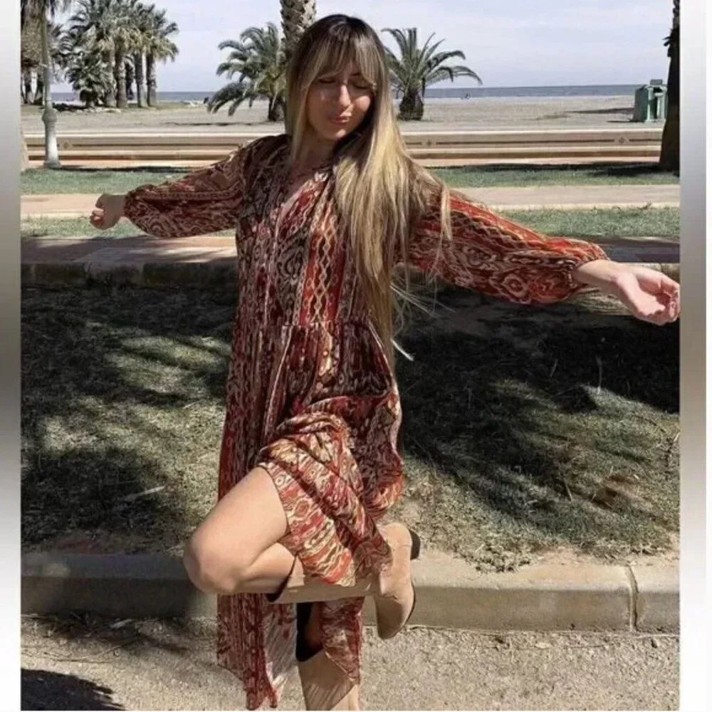 ZARA nwt GEOMETRIC PRINT METALLIC MIDI DRESS - M - Picture 4 of 17